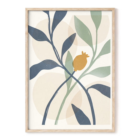 Ochre Orchard, beige, blue, green nature wall art, front artwork view