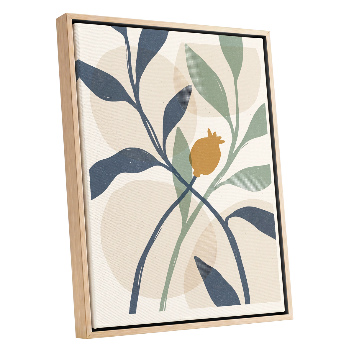 Ochre Orchard, beige, blue, green nature wall art shown as a oak framed canvas wall art