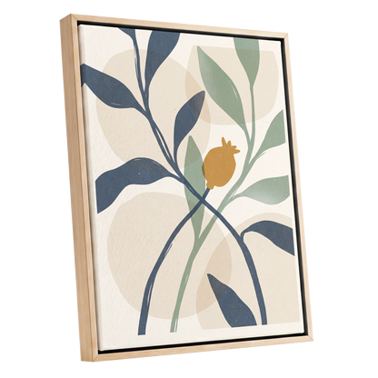 Ochre Orchard, beige, blue, green nature wall art shown as a oak framed canvas wall art