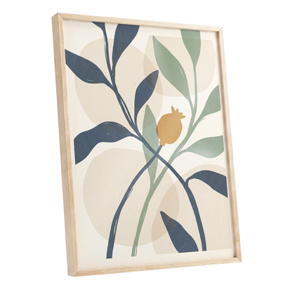 Ochre Orchard, beige, blue, green nature wall art shown as a oak framed poster wall art print