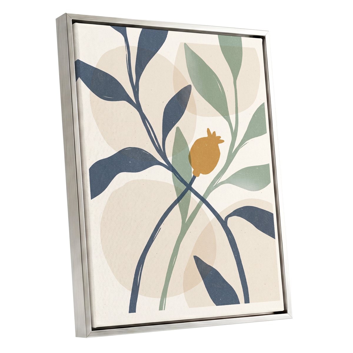 Ochre Orchard, beige, blue, green nature wall art shown as a silver framed canvas wall art