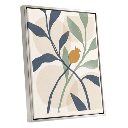 Ochre Orchard, beige, blue, green nature wall art shown as a silver framed canvas wall art