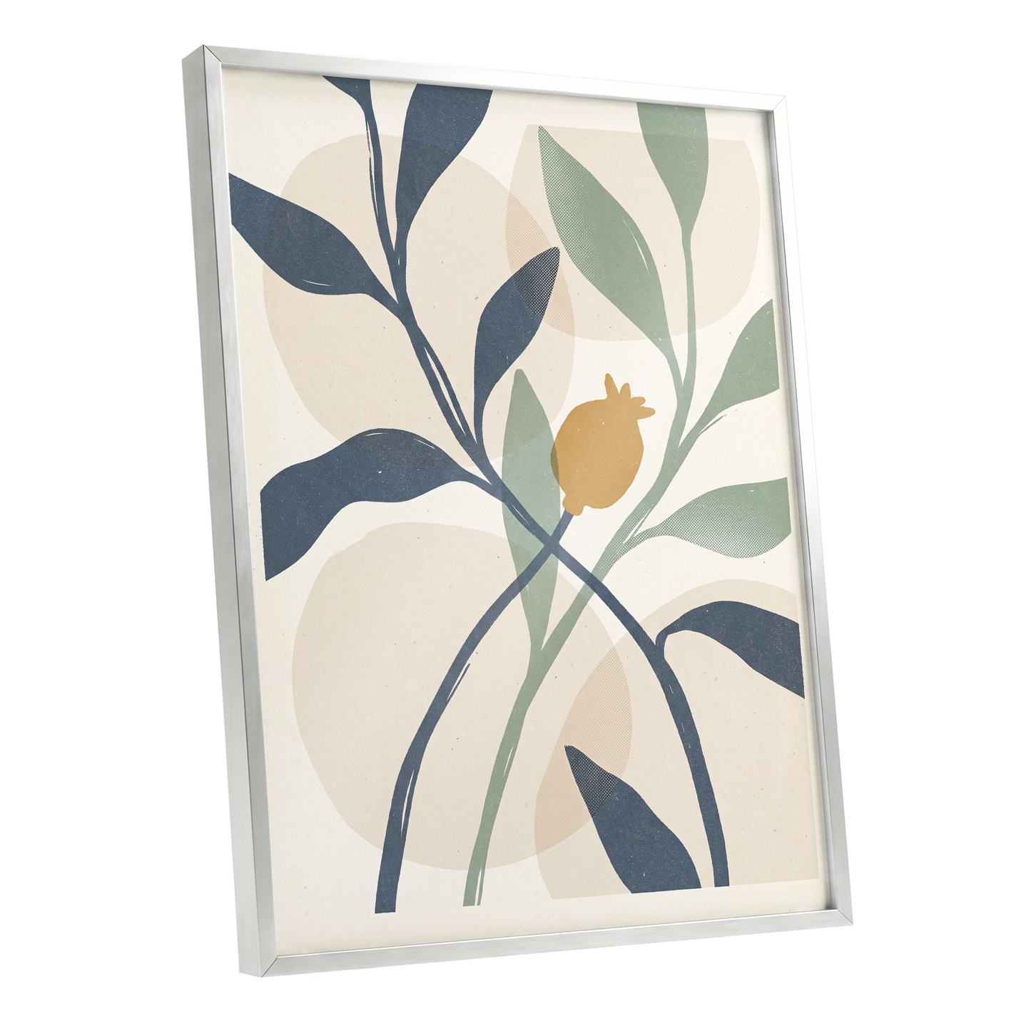 Ochre Orchard, beige, blue, green nature wall art shown as a silver framed poster wall art print