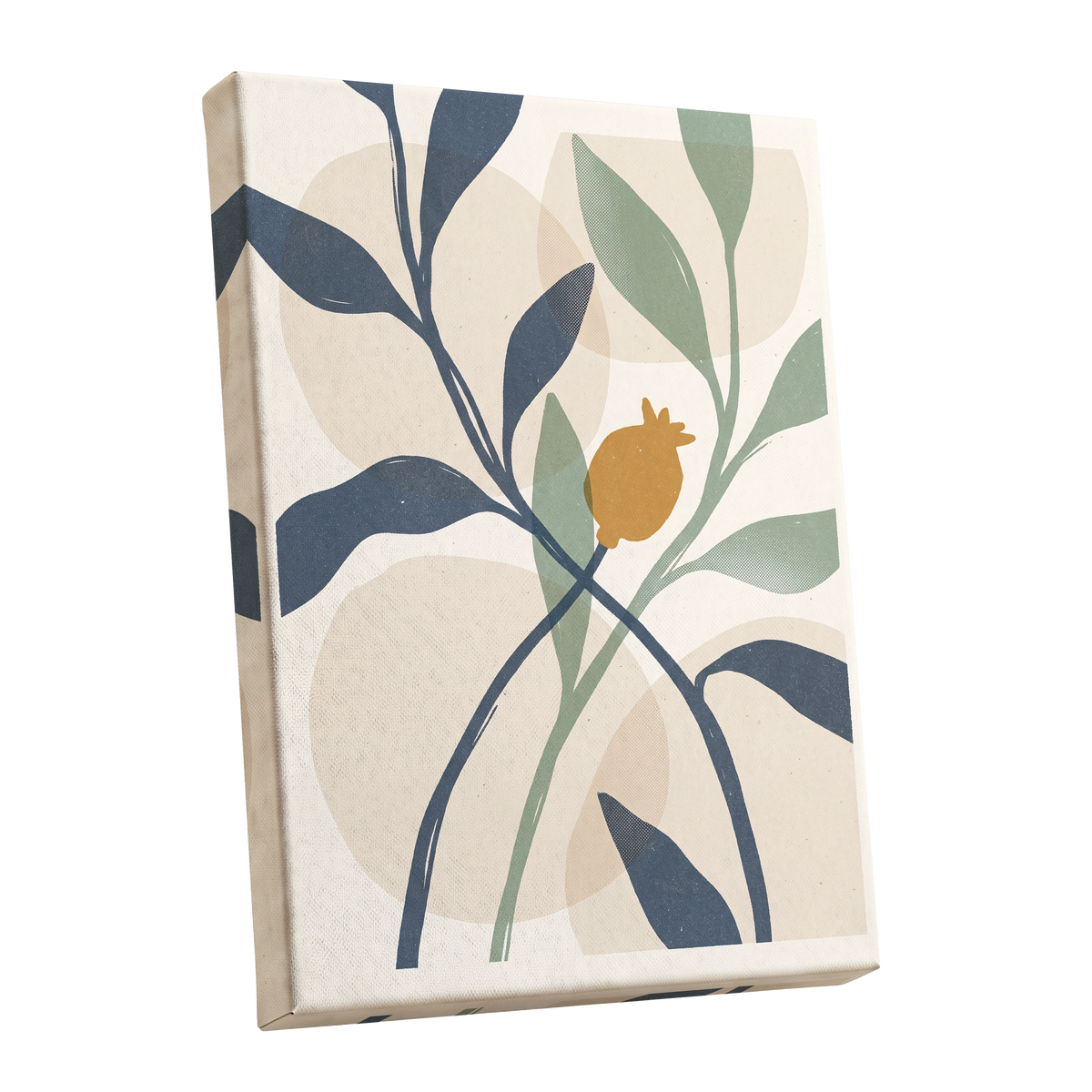 Ochre Orchard, beige, blue, green nature wall art shown as a stretched canvas wall art