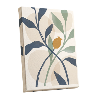 Ochre Orchard, beige, blue, green nature wall art shown as a stretched canvas wall art