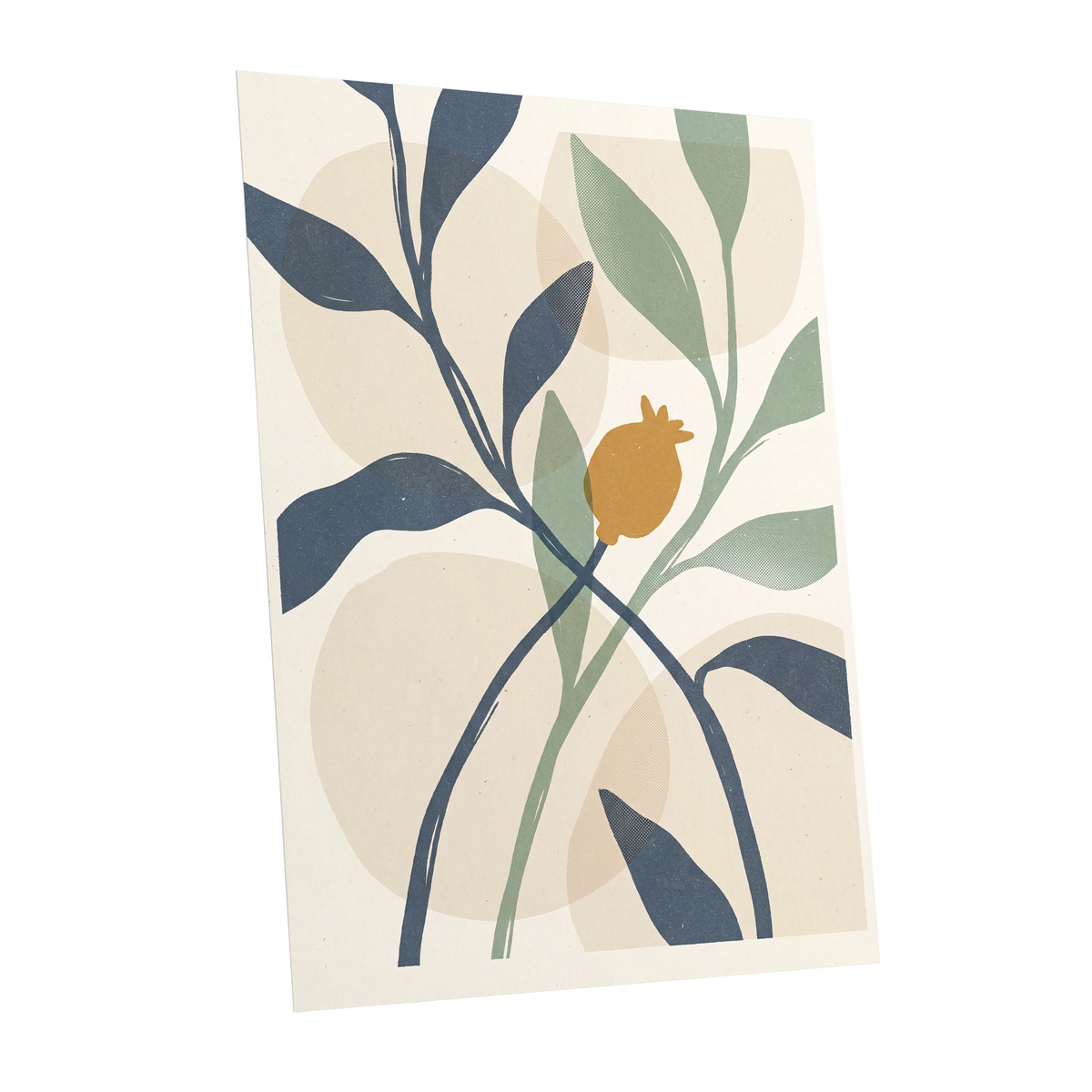 Ochre Orchard, beige, blue, green nature wall art shown as a unframed poster wall art print