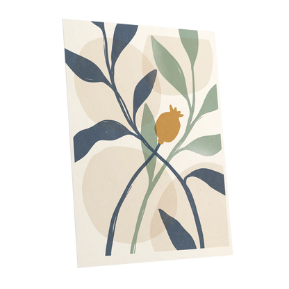Ochre Orchard, beige, blue, green nature wall art shown as a unframed poster wall art print