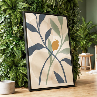 Ochre Orchard, beige, blue, green nature wall art displayed in a styled interior, gallery view 1