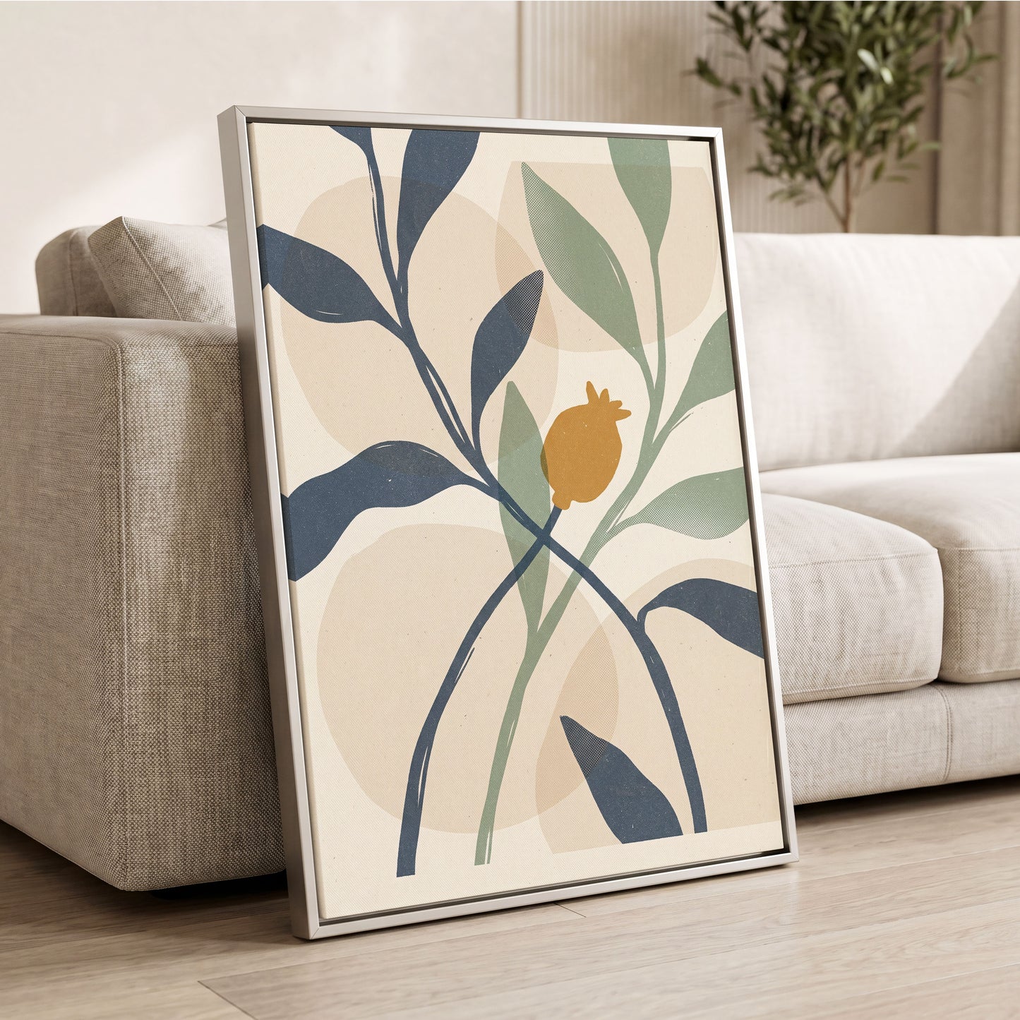 Ochre Orchard, beige, blue, green nature wall art displayed in a styled interior, gallery view 2