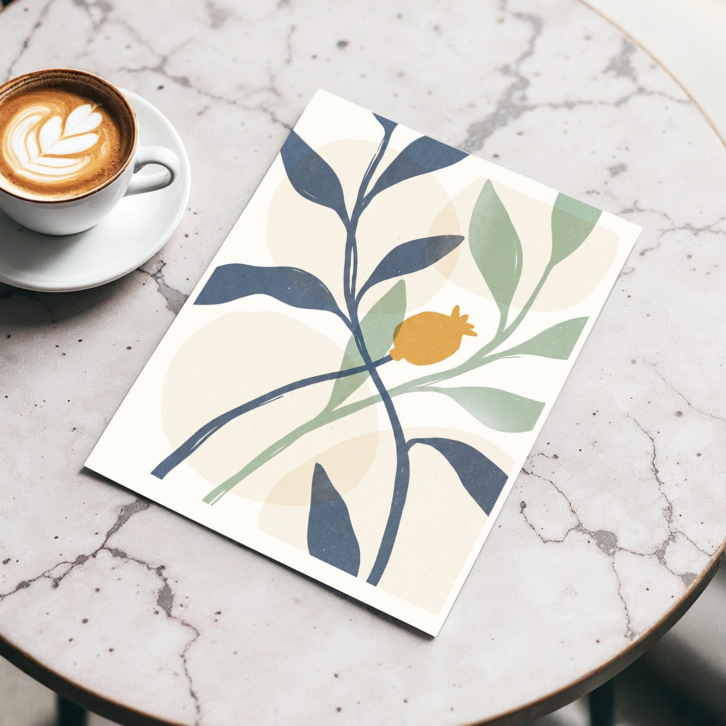 Ochre Orchard, beige, blue, green nature wall art displayed in a styled interior, gallery view 3