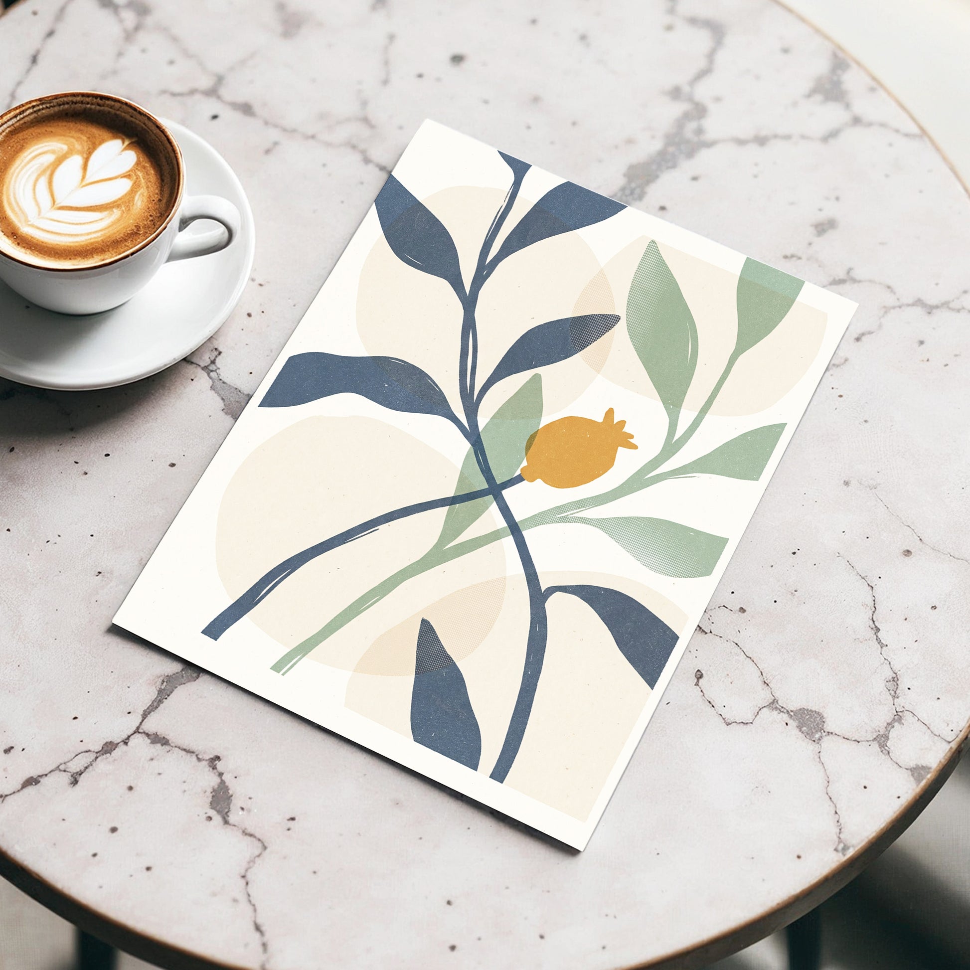 Ochre Orchard, beige, blue, green nature wall art displayed in a styled interior, gallery view 3