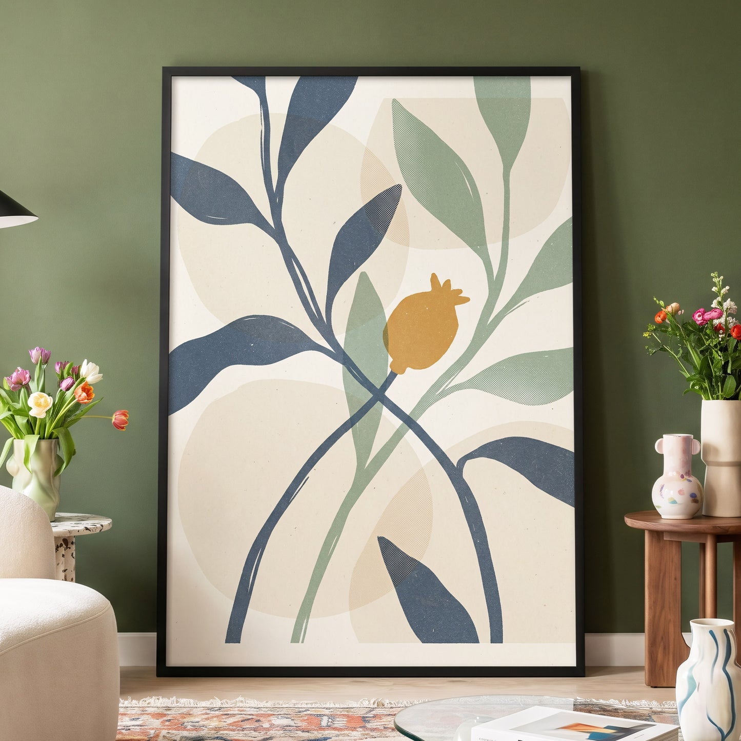 Ochre Orchard, beige, blue, green nature wall art displayed in a styled interior, gallery view 4