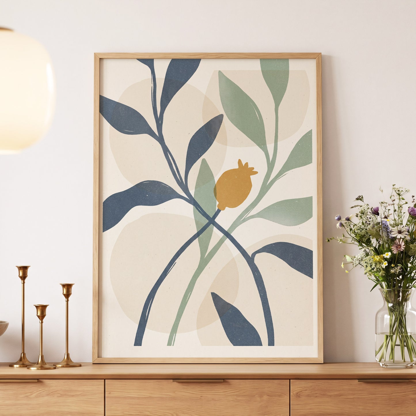 Ochre Orchard, beige, blue, green nature wall art displayed in a styled interior, gallery view 5