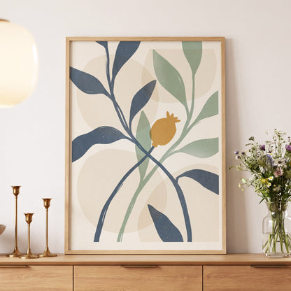 Ochre Orchard, beige, blue, green nature wall art displayed in a styled interior, gallery view 5