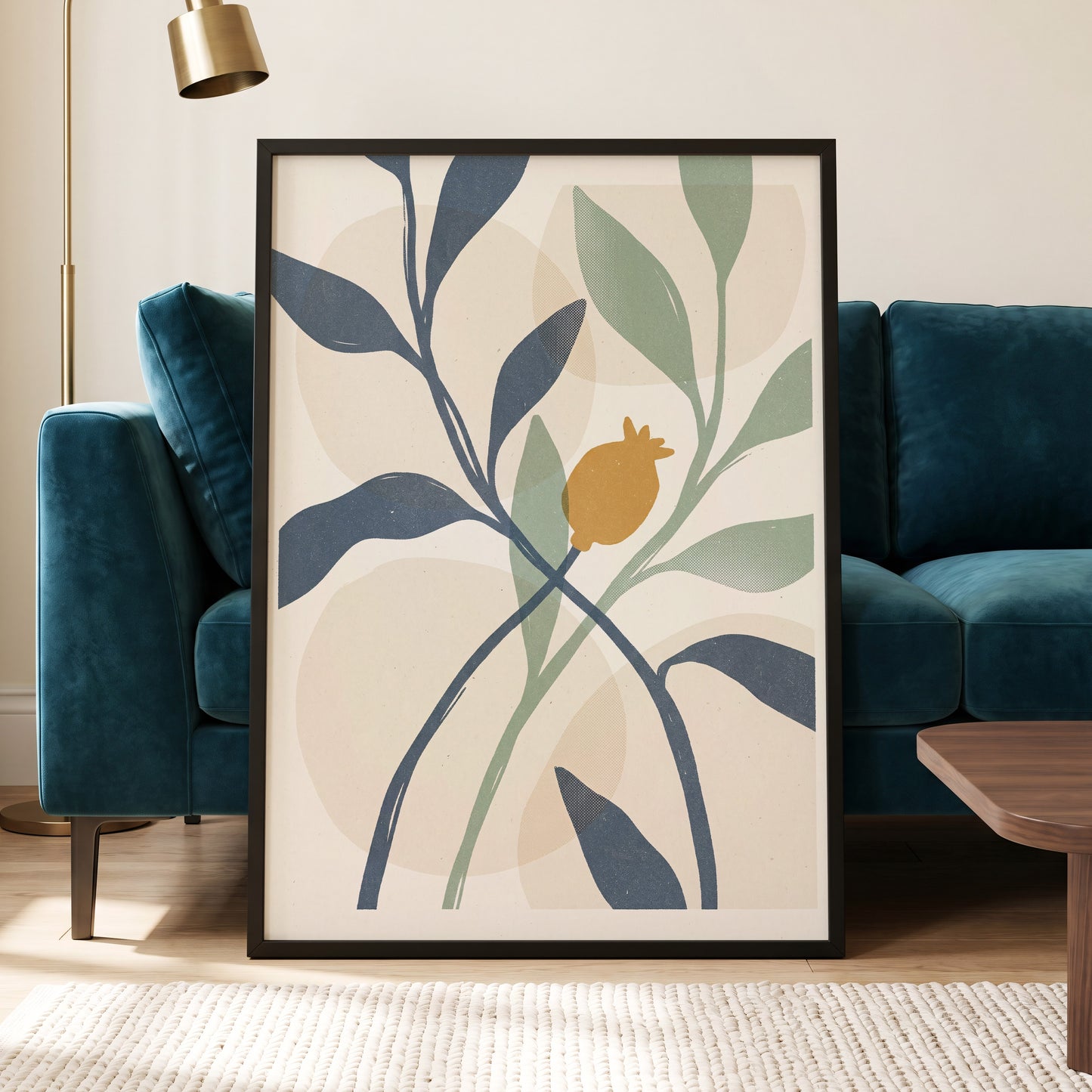 Ochre Orchard, beige, blue, green nature wall art displayed in a styled interior, gallery view 6