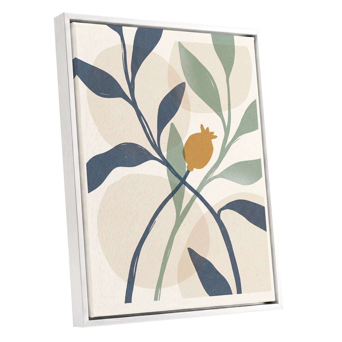 Ochre Orchard, beige, blue, green nature wall art shown as a white framed canvas wall art