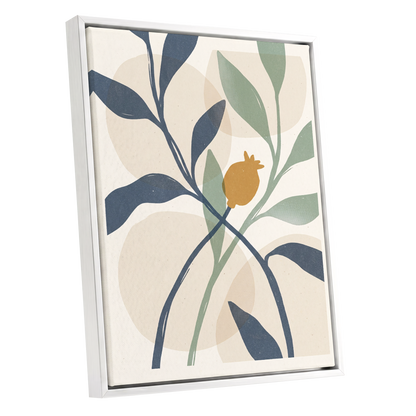 Ochre Orchard, beige, blue, green nature wall art shown as a white framed canvas wall art