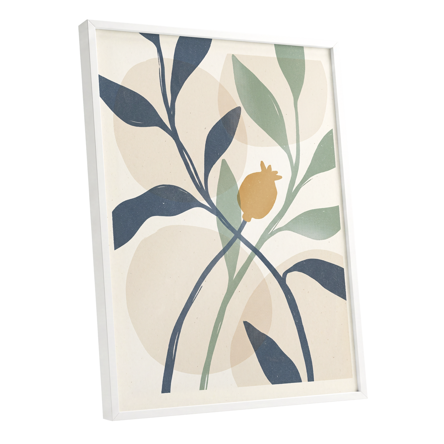 Ochre Orchard, beige, blue, green nature wall art shown as a white framed poster wall art print