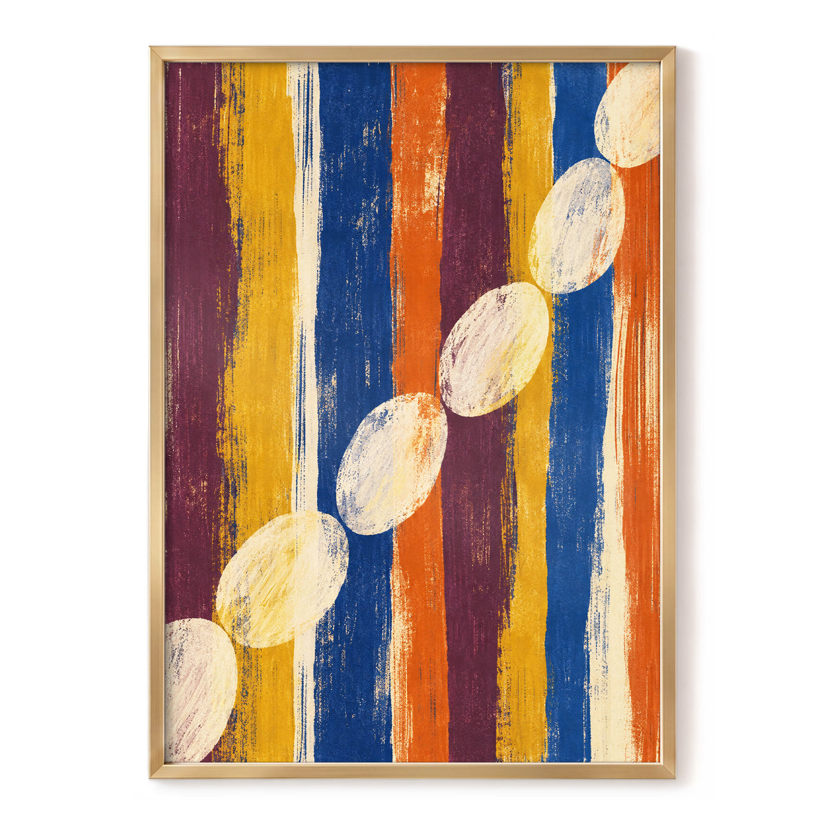 Ochre Oval Rhythm, blue, yellow, orange abstract wall art, front artwork view