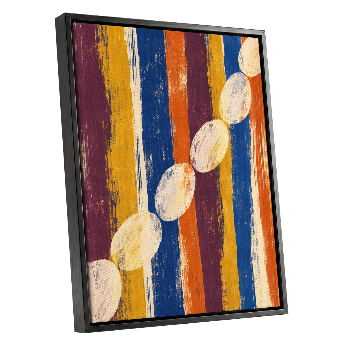 Ochre Oval Rhythm, blue, yellow, orange abstract wall art shown as a black framed canvas wall art