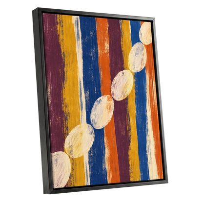 Ochre Oval Rhythm, blue, yellow, orange abstract wall art shown as a black framed canvas wall art