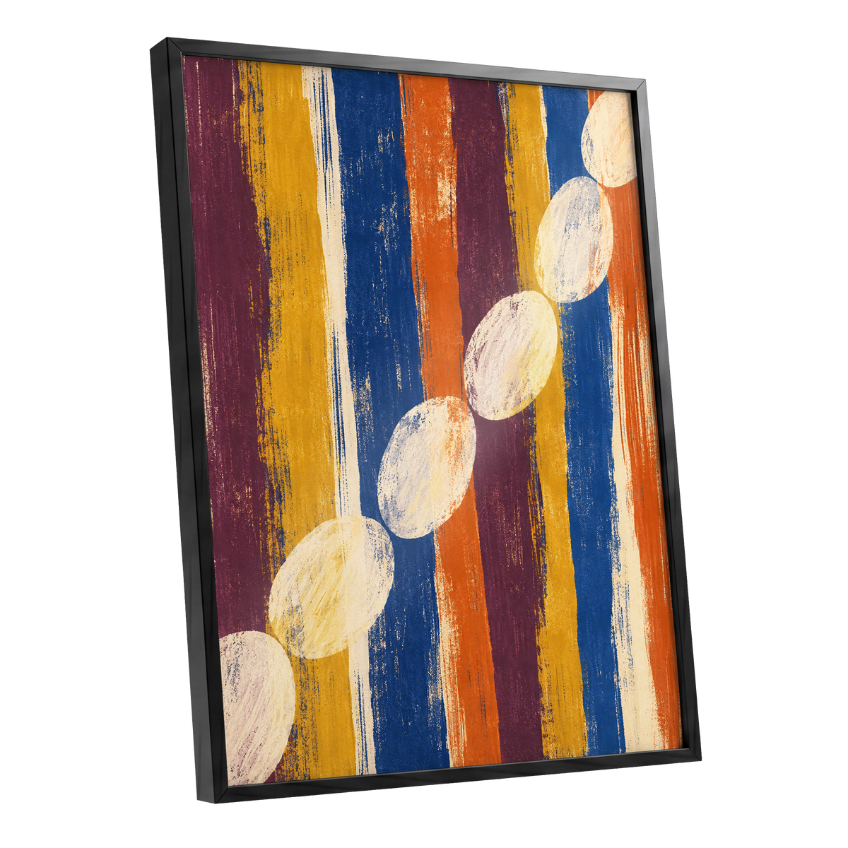 Ochre Oval Rhythm, blue, yellow, orange abstract wall art shown as a black framed poster wall art print