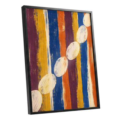 Ochre Oval Rhythm, blue, yellow, orange abstract wall art shown as a black framed poster wall art print