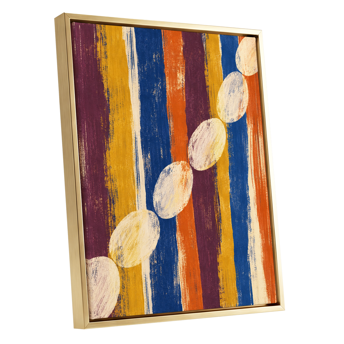 Ochre Oval Rhythm, blue, yellow, orange abstract wall art shown as a gold framed canvas wall art