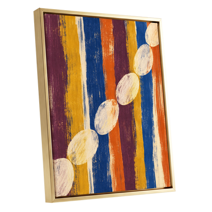 Ochre Oval Rhythm, blue, yellow, orange abstract wall art shown as a gold framed canvas wall art