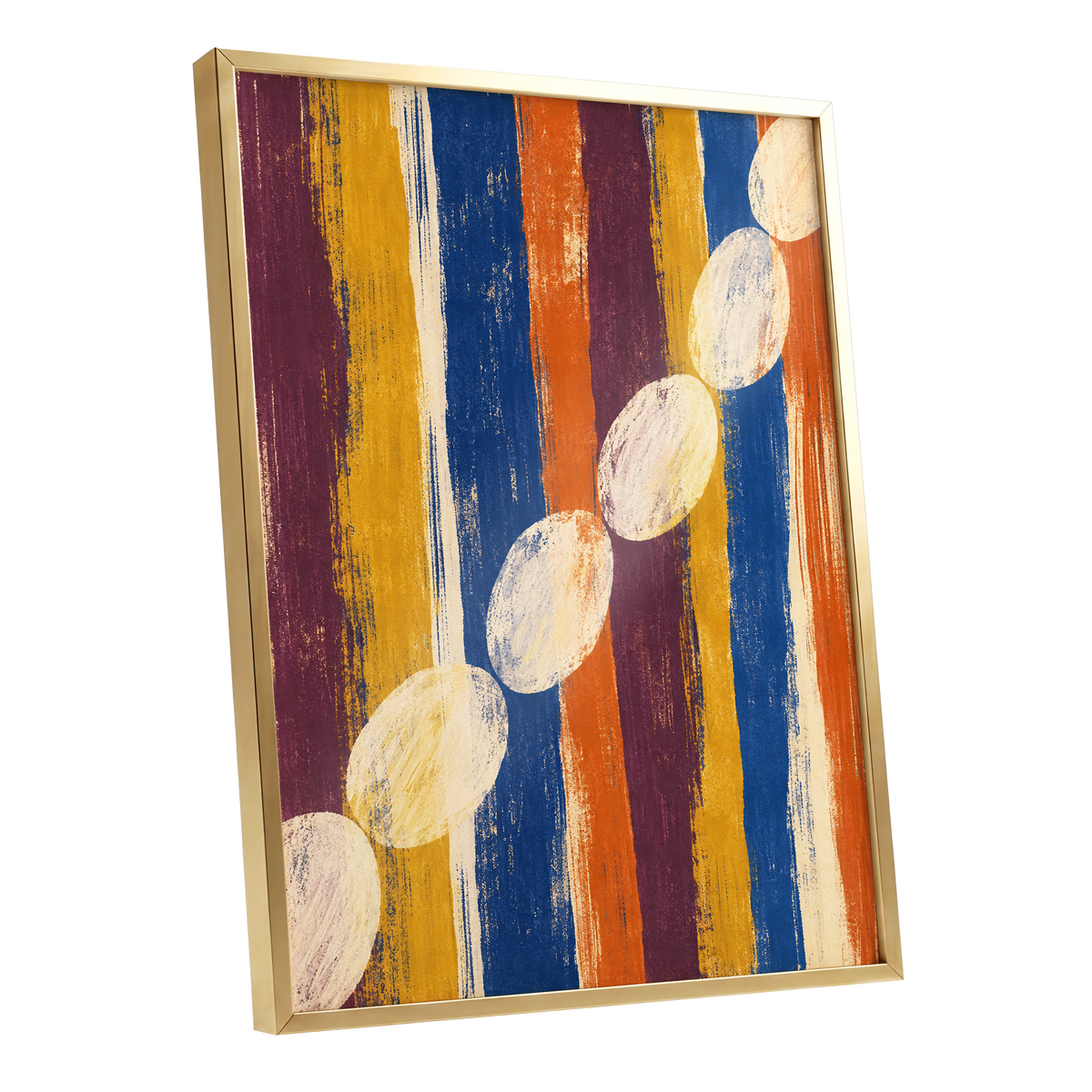 Ochre Oval Rhythm, blue, yellow, orange abstract wall art shown as a gold framed poster wall art print