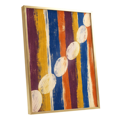 Ochre Oval Rhythm, blue, yellow, orange abstract wall art shown as a gold framed poster wall art print