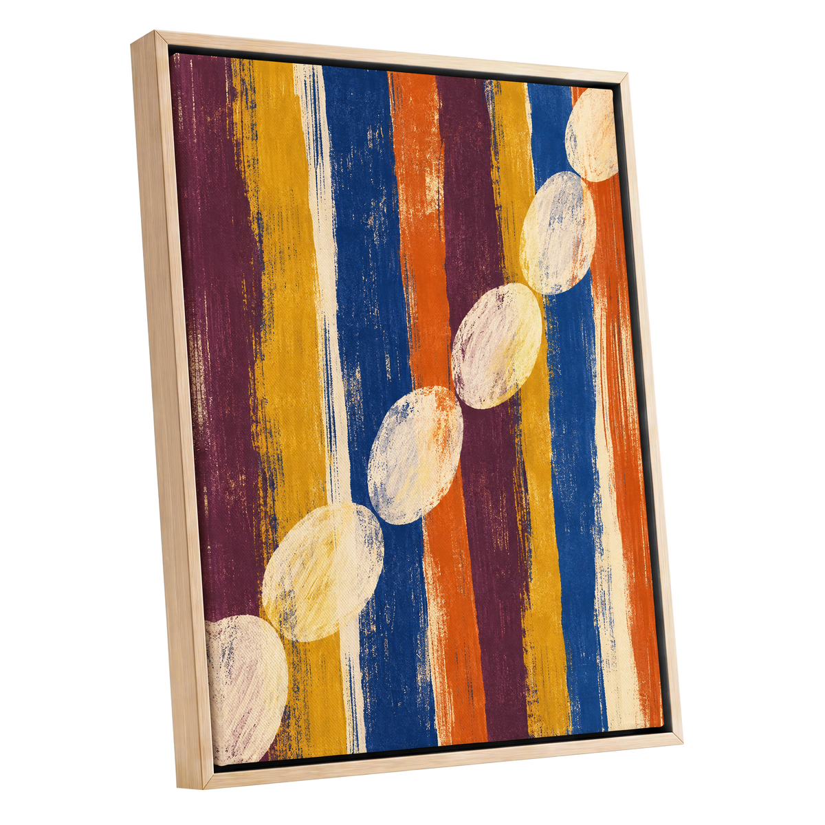 Ochre Oval Rhythm, blue, yellow, orange abstract wall art shown as a oak framed canvas wall art