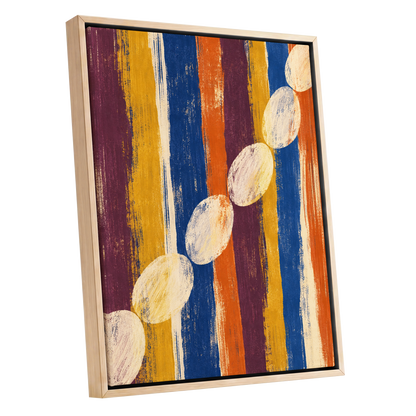 Ochre Oval Rhythm, blue, yellow, orange abstract wall art shown as a oak framed canvas wall art