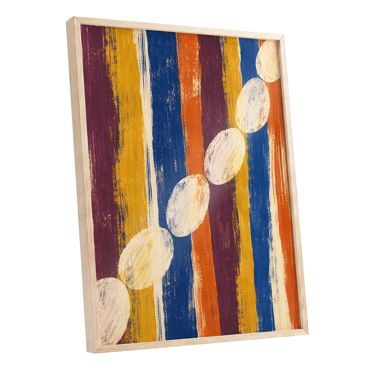 Ochre Oval Rhythm, blue, yellow, orange abstract wall art shown as a oak framed poster wall art print