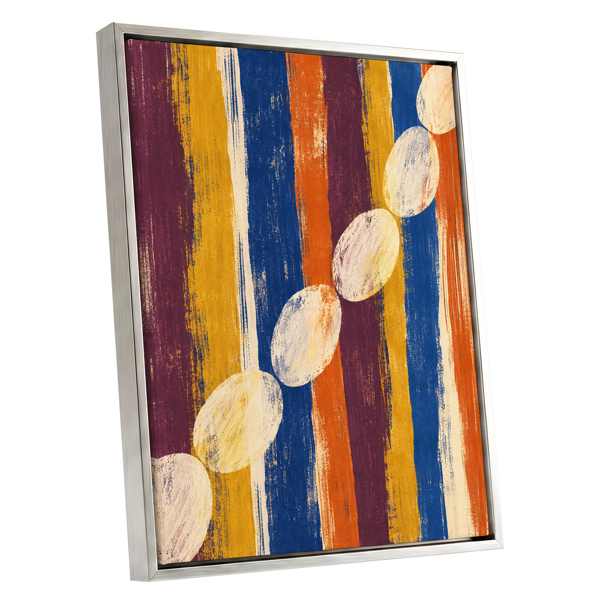 Ochre Oval Rhythm, blue, yellow, orange abstract wall art shown as a silver framed canvas wall art