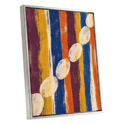 Ochre Oval Rhythm, blue, yellow, orange abstract wall art shown as a silver framed canvas wall art