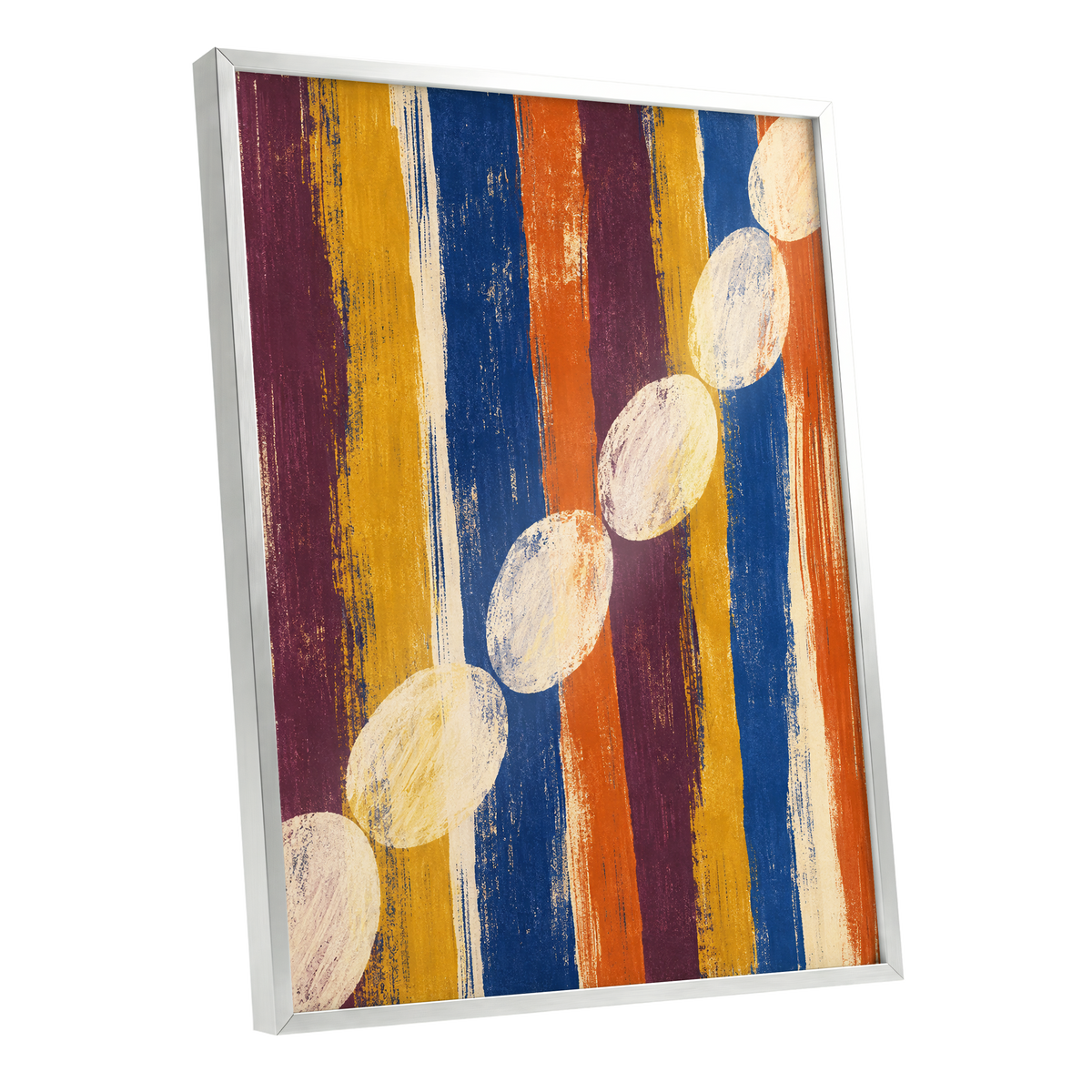 Ochre Oval Rhythm, blue, yellow, orange abstract wall art shown as a silver framed poster wall art print