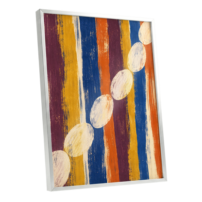 Ochre Oval Rhythm, blue, yellow, orange abstract wall art shown as a silver framed poster wall art print