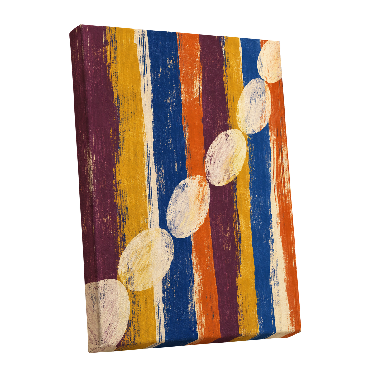 Ochre Oval Rhythm, blue, yellow, orange abstract wall art shown as a stretched canvas wall art