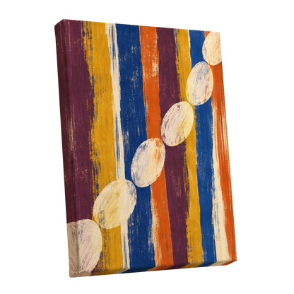 Ochre Oval Rhythm, blue, yellow, orange abstract wall art shown as a stretched canvas wall art