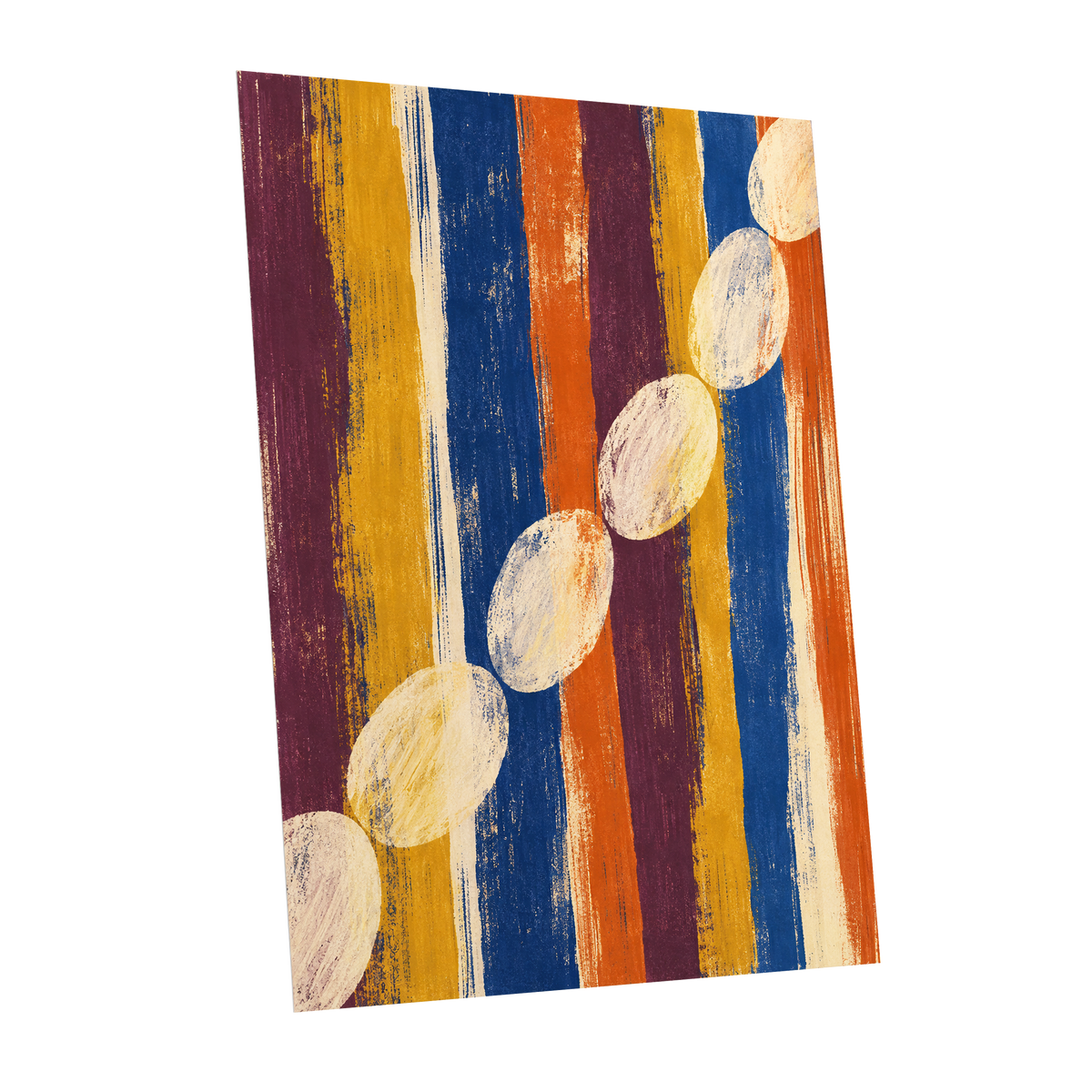 Ochre Oval Rhythm, blue, yellow, orange abstract wall art shown as a unframed poster wall art print