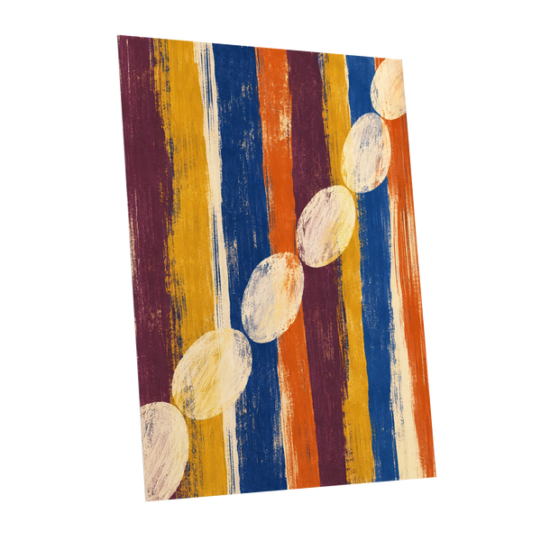 Ochre Oval Rhythm, blue, yellow, orange abstract wall art shown as a unframed poster wall art print