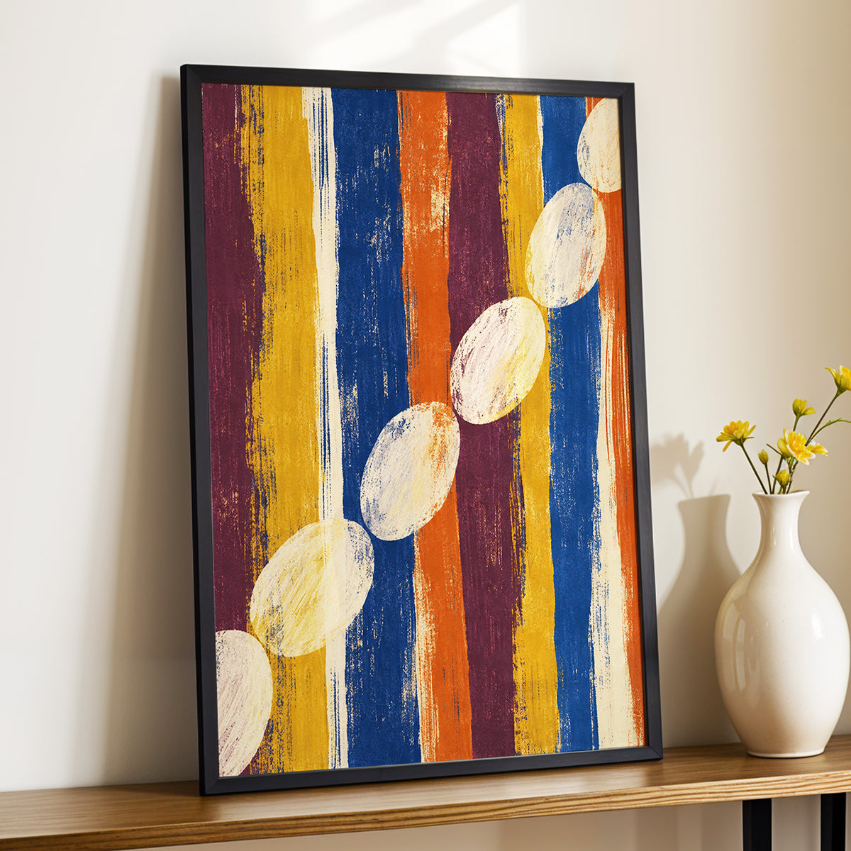 Ochre Oval Rhythm, blue, yellow, orange abstract wall art displayed in a styled interior, gallery view 2