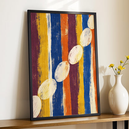Ochre Oval Rhythm, blue, yellow, orange abstract wall art displayed in a styled interior, gallery view 2