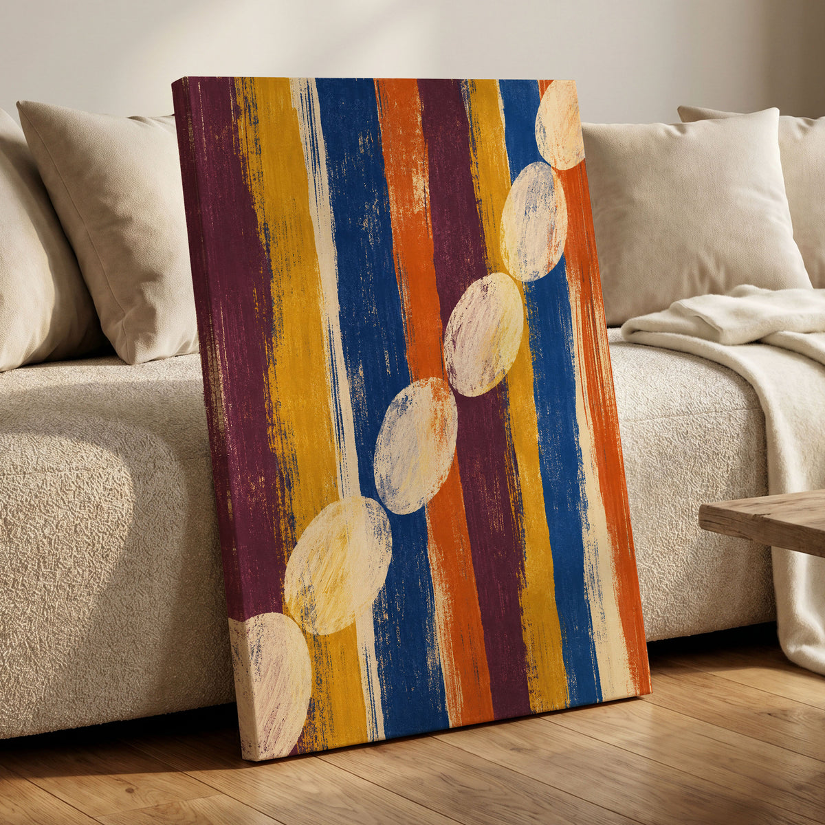 Ochre Oval Rhythm, blue, yellow, orange abstract wall art displayed in a styled interior, gallery view 3