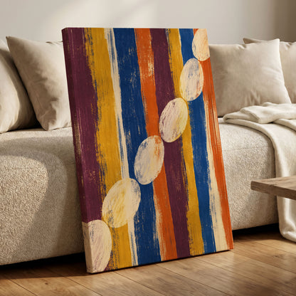 Ochre Oval Rhythm, blue, yellow, orange abstract wall art displayed in a styled interior, gallery view 3