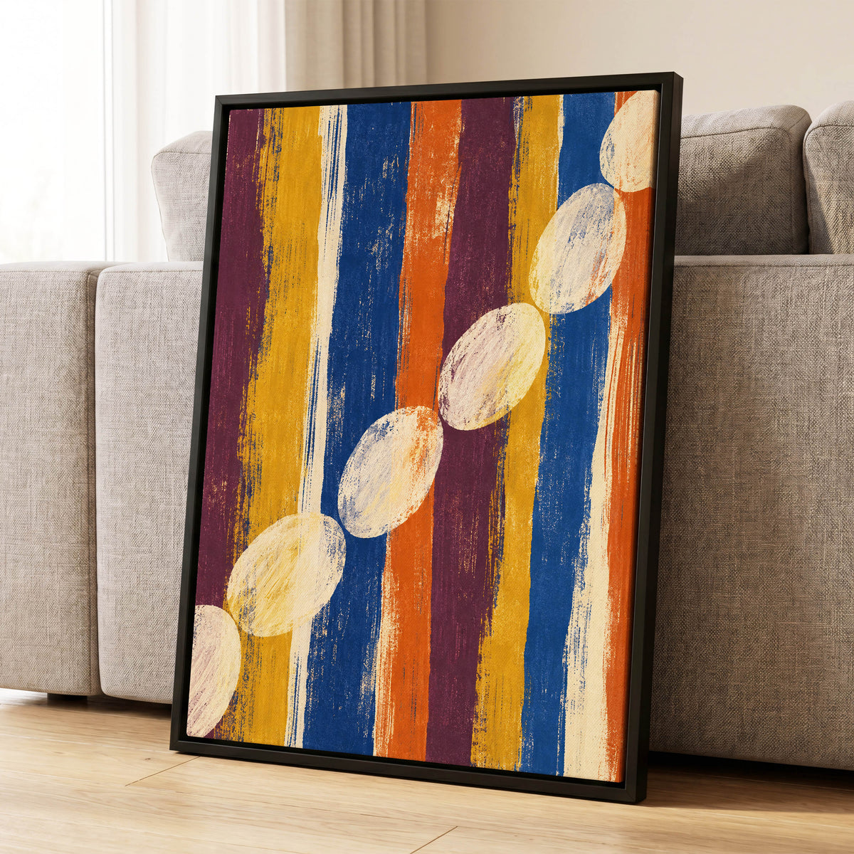 Ochre Oval Rhythm, blue, yellow, orange abstract wall art displayed in a styled interior, gallery view 4