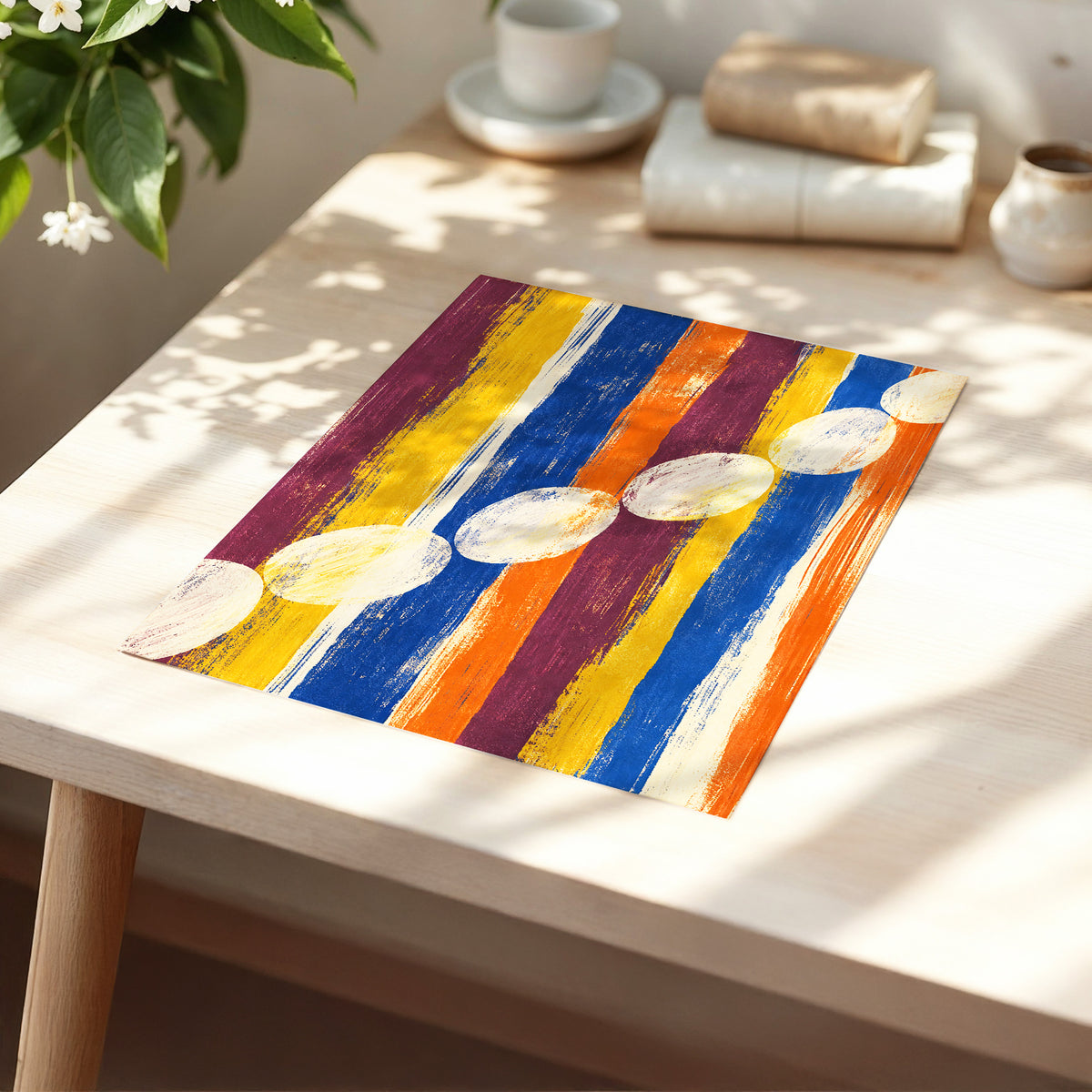 Ochre Oval Rhythm, blue, yellow, orange abstract wall art displayed in a styled interior, gallery view 5