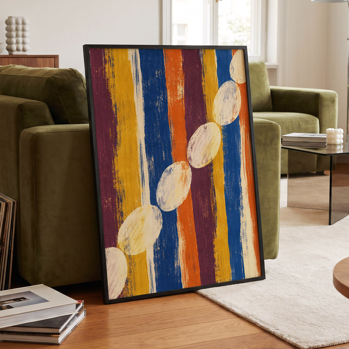 Ochre Oval Rhythm, blue, yellow, orange abstract wall art displayed in a styled interior, gallery view 6