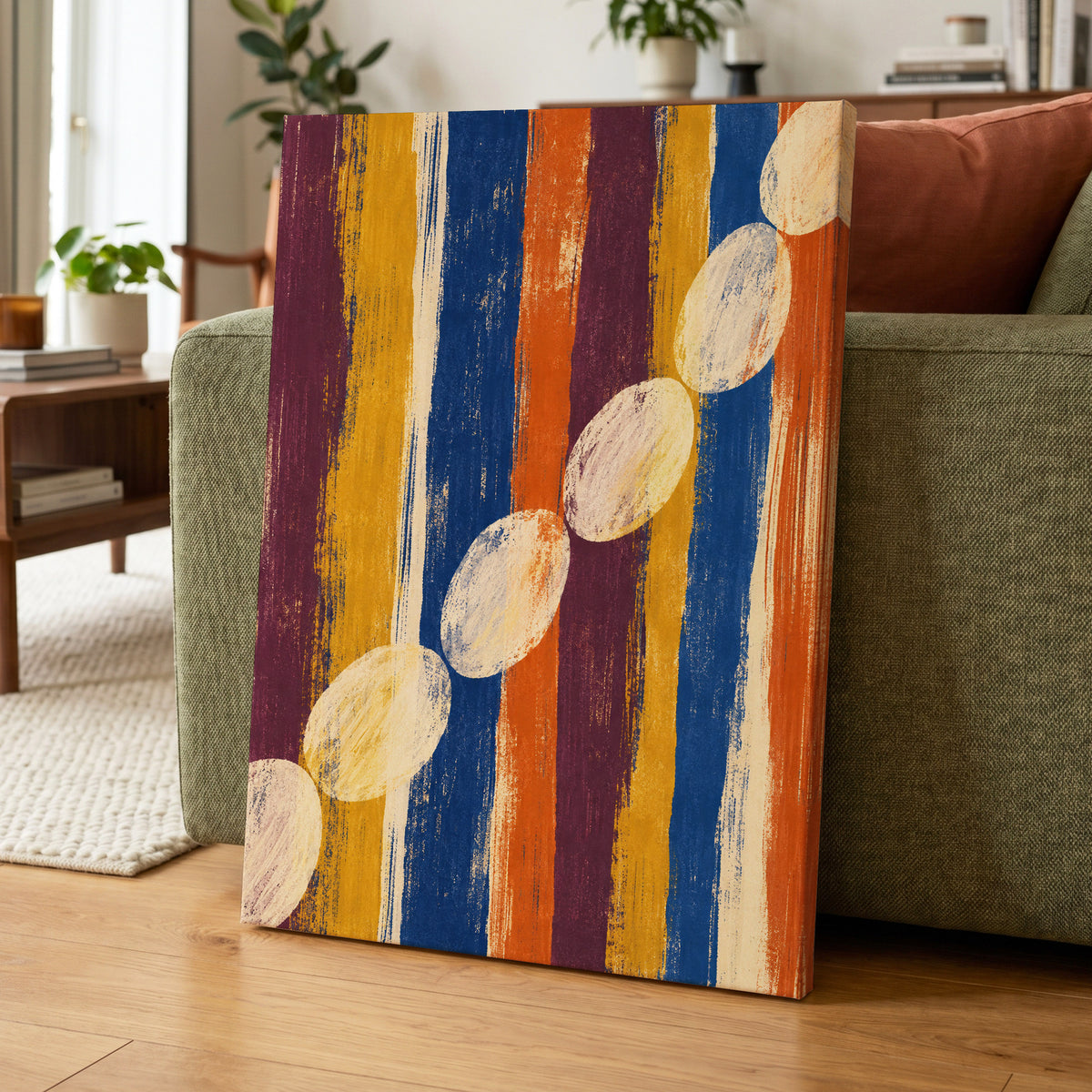 Ochre Oval Rhythm, blue, yellow, orange abstract wall art displayed in a styled interior, gallery view 7
